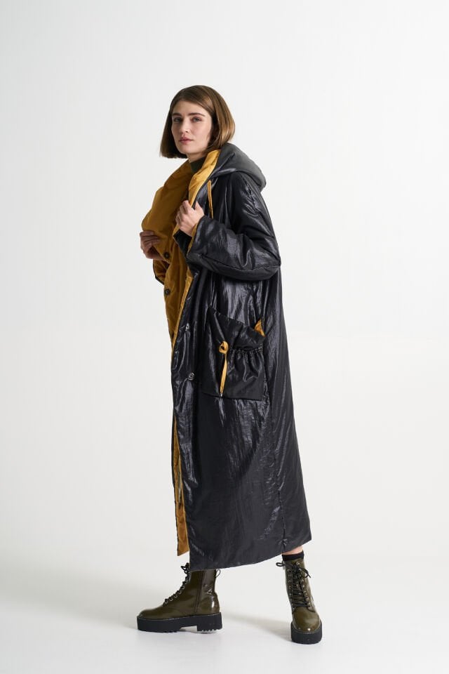 BiBi 2268 Yama Cep Detaylı Sarı-Siyah Uzun Mont