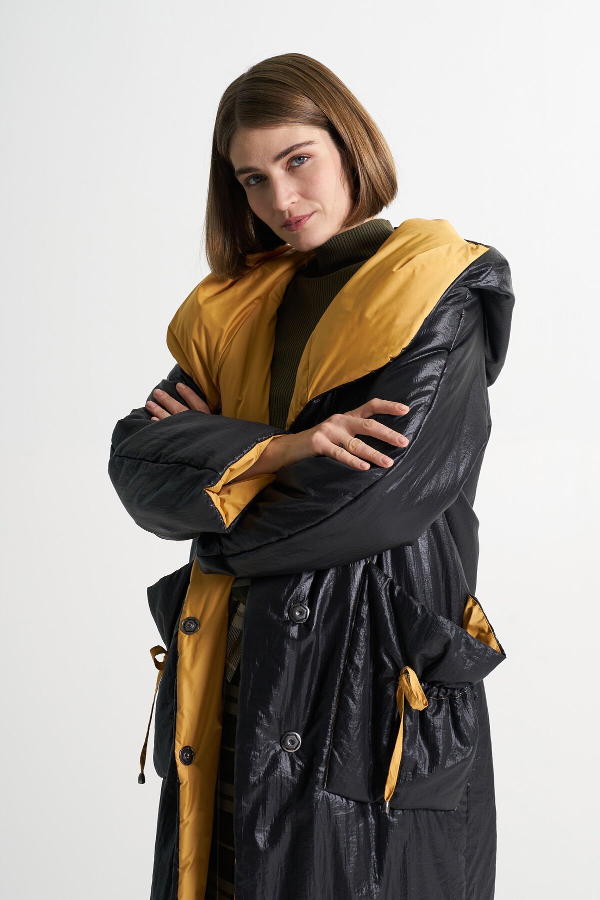 BiBi 2268 Yama Cep Detaylı Sarı-Siyah Uzun Mont