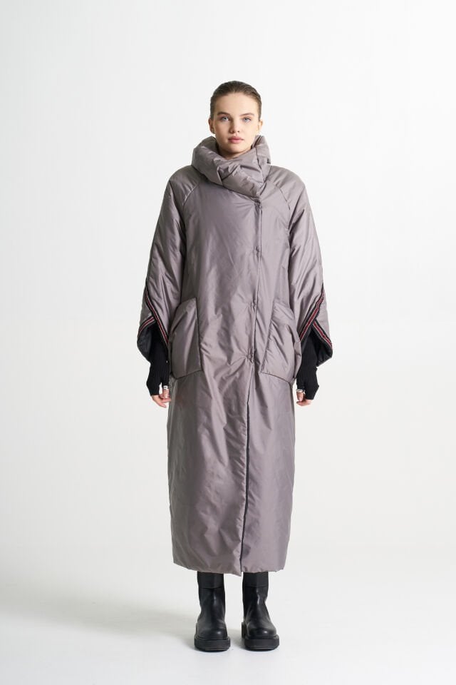 BiBi 2280 Şerit Detaylı Gri Uzun Mont