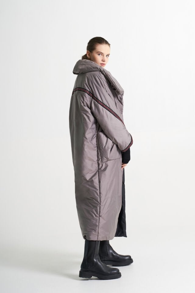 BiBi 2280 Şerit Detaylı Gri Uzun Mont