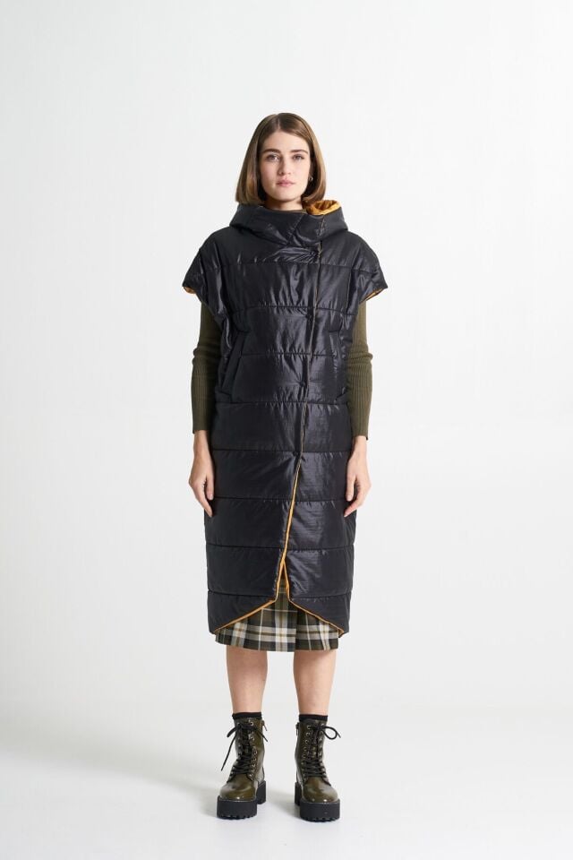 BiBi 2094y Sarı İç Renk Detaylı Siyah Uzun Mont Yelek