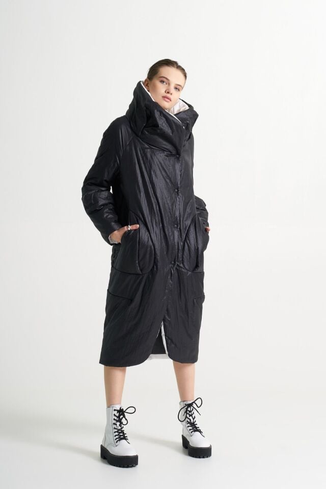 BiBi 2278 İçi Beyaz Yüksek Hakim Yakalı Uzun Siyah Mont