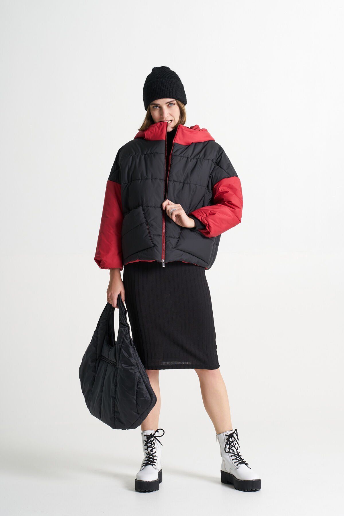 BiBi 2098k Kolları ve Kapşonu Kırmızı Siyah Mont