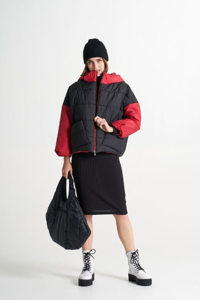 BiBi 2098k Kolları ve Kapşonu Kırmızı Siyah Mont