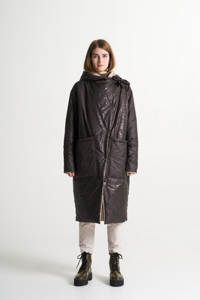 BiBi 2238k Kahverengi Parlak Kumaş Kadın Uzun Mont