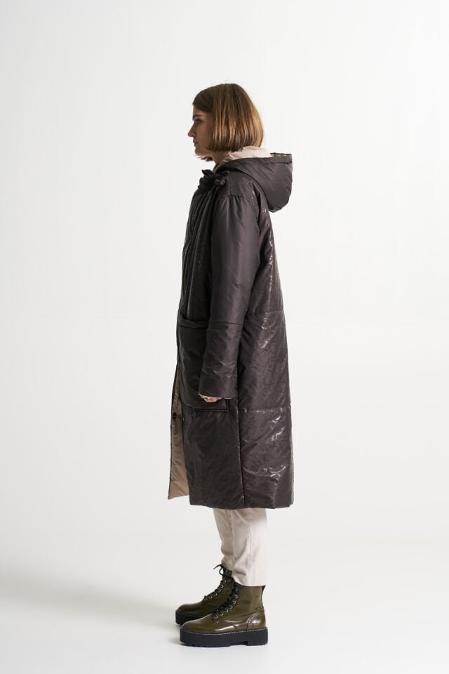 BiBi 2238k Kahverengi Parlak Kumaş Kadın Uzun Mont