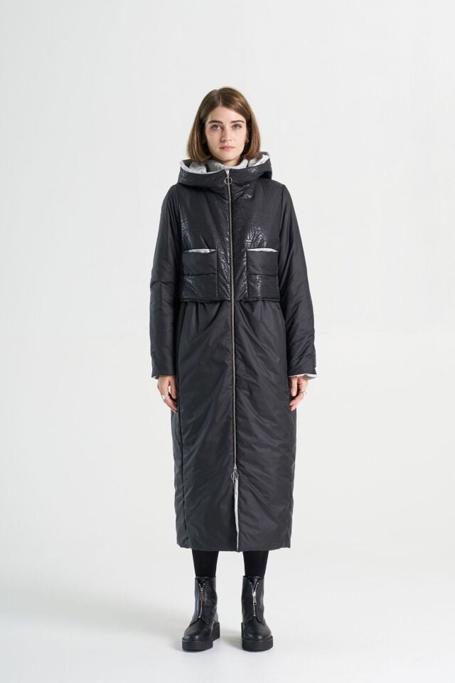 BiBi 2342 Parlak Desenli Kumaş Detaylı Siyah Uzun Mont