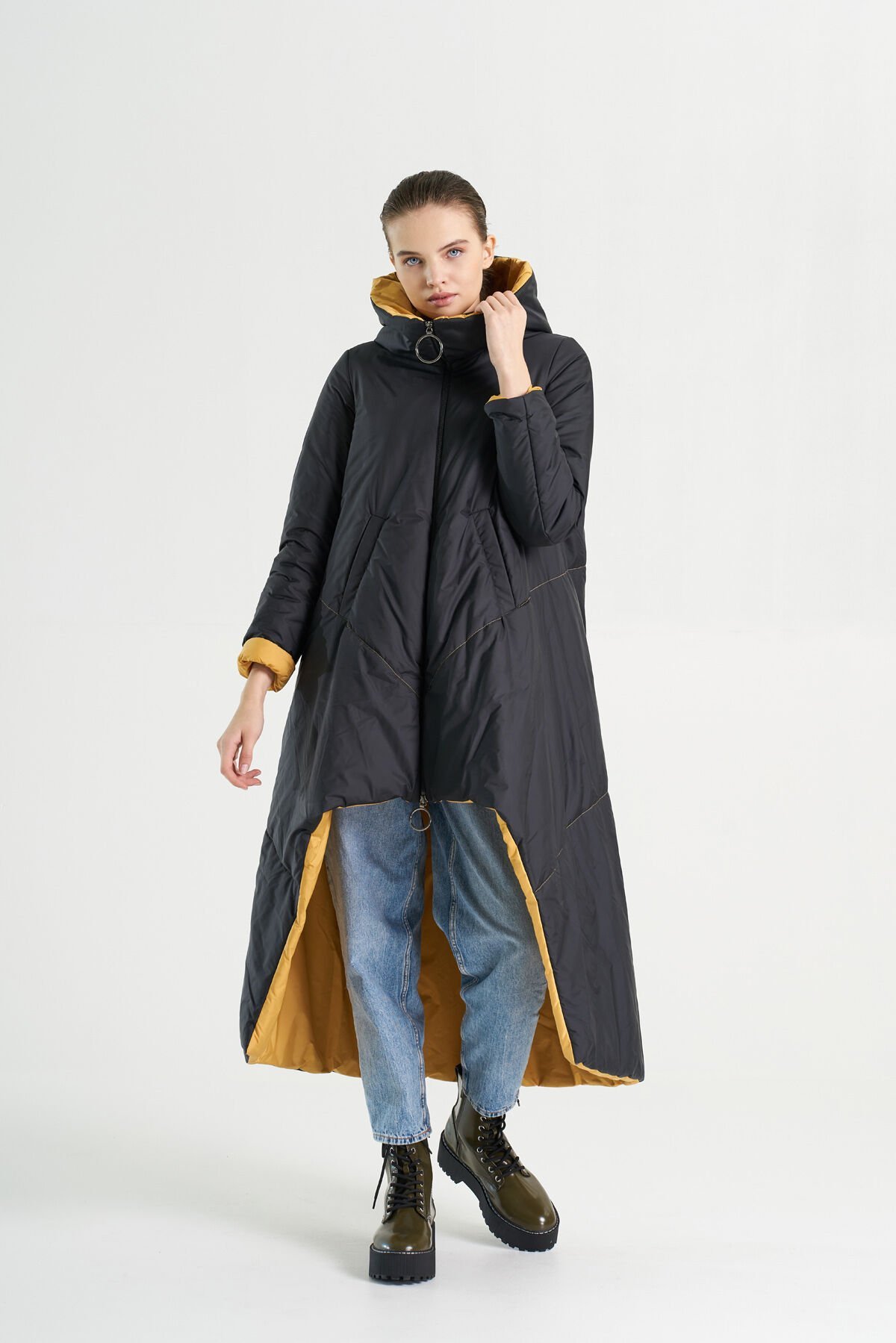 BiBi 2128u Önü Kısa Arkası Uzun Siyah Kadın Mont