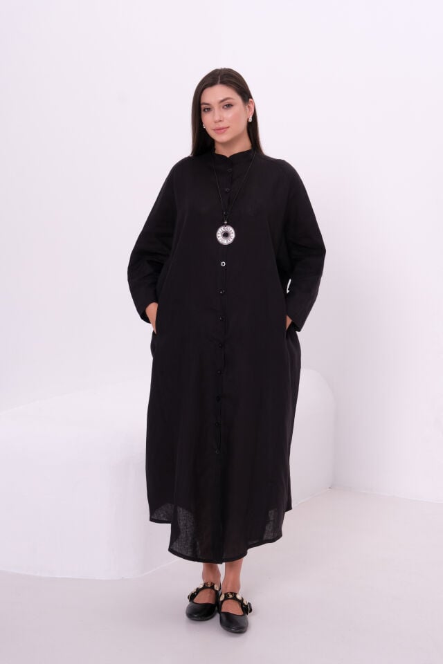 BiBi 5042  KETEN DUĞMELİ ELBİSE