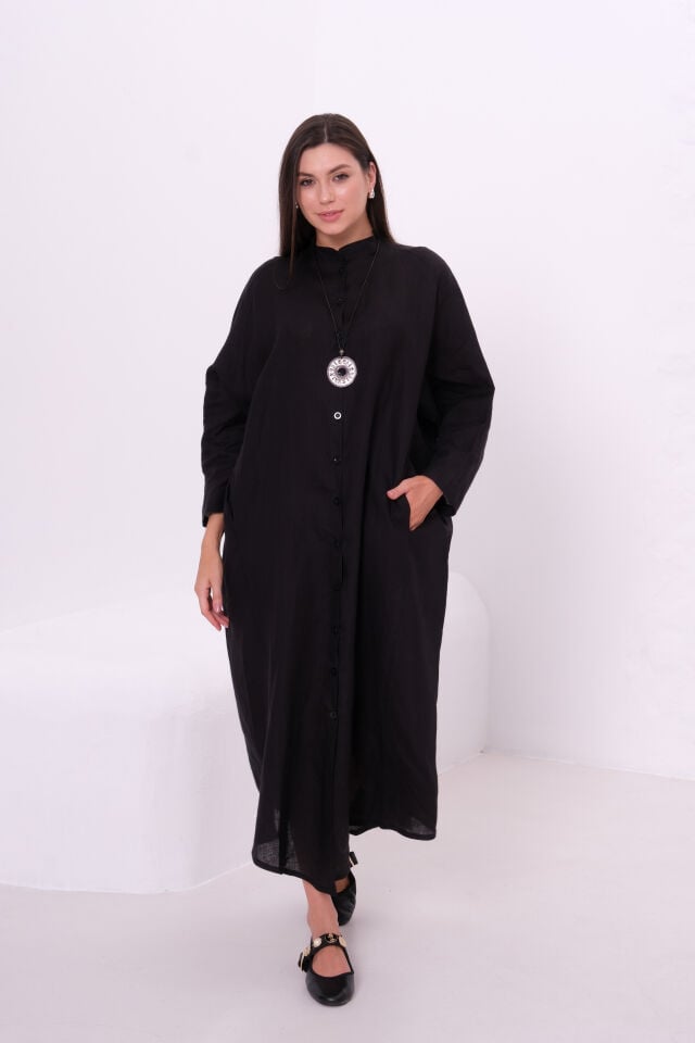 BiBi 5042  KETEN DUĞMELİ ELBİSE