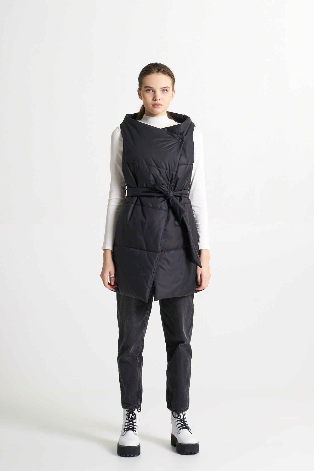 BiBi 2000 Kuşaklı Siyah Kadın Mont Yelek