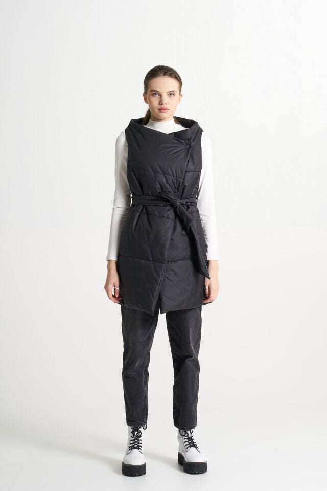 BiBi 2000 Kuşaklı Siyah Kadın Mont Yelek