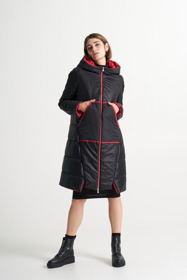 BiBi 2336 Kırmızı Dikiş Detaylı Siyah Kadın Mont