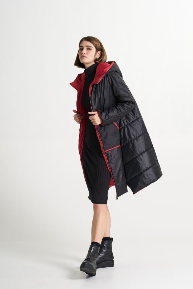 BiBi 2336 Kırmızı Dikiş Detaylı Siyah Kadın Mont