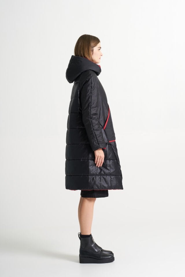 BiBi 2336 Kırmızı Dikiş Detaylı Siyah Kadın Mont