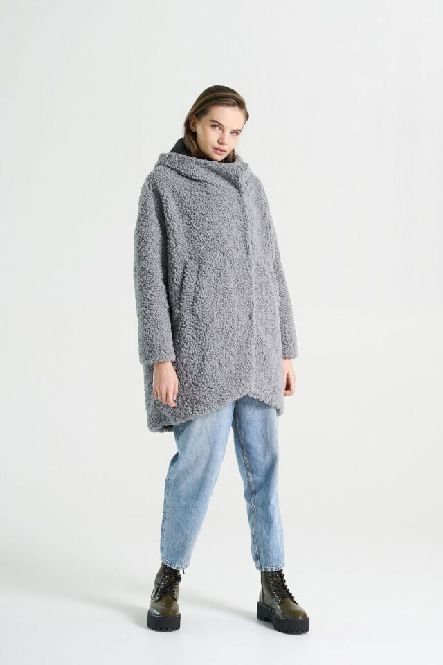 BiBi 2094kc Gri Teddy Kumaşlı Çift Taraflı Kadın Mont