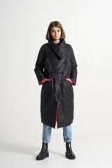 BiBi 2348 Kırmızı İç Detaylı Siyah Uzun Kadın Mont