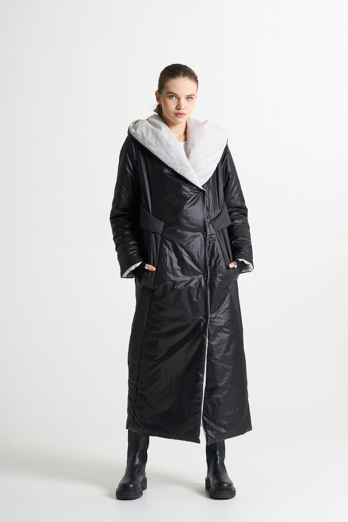 BiBi 2350 İçi Açık Gri Şal Yaka Siyah Uzun Mont