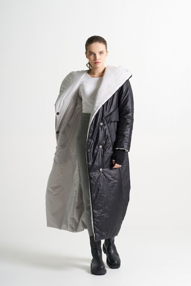 BiBi 2350 İçi Beyaz Şal Yaka Siyah Uzun Mont