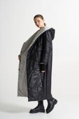 BiBi 2350 İçi Beyaz Şal Yaka Siyah Uzun Mont