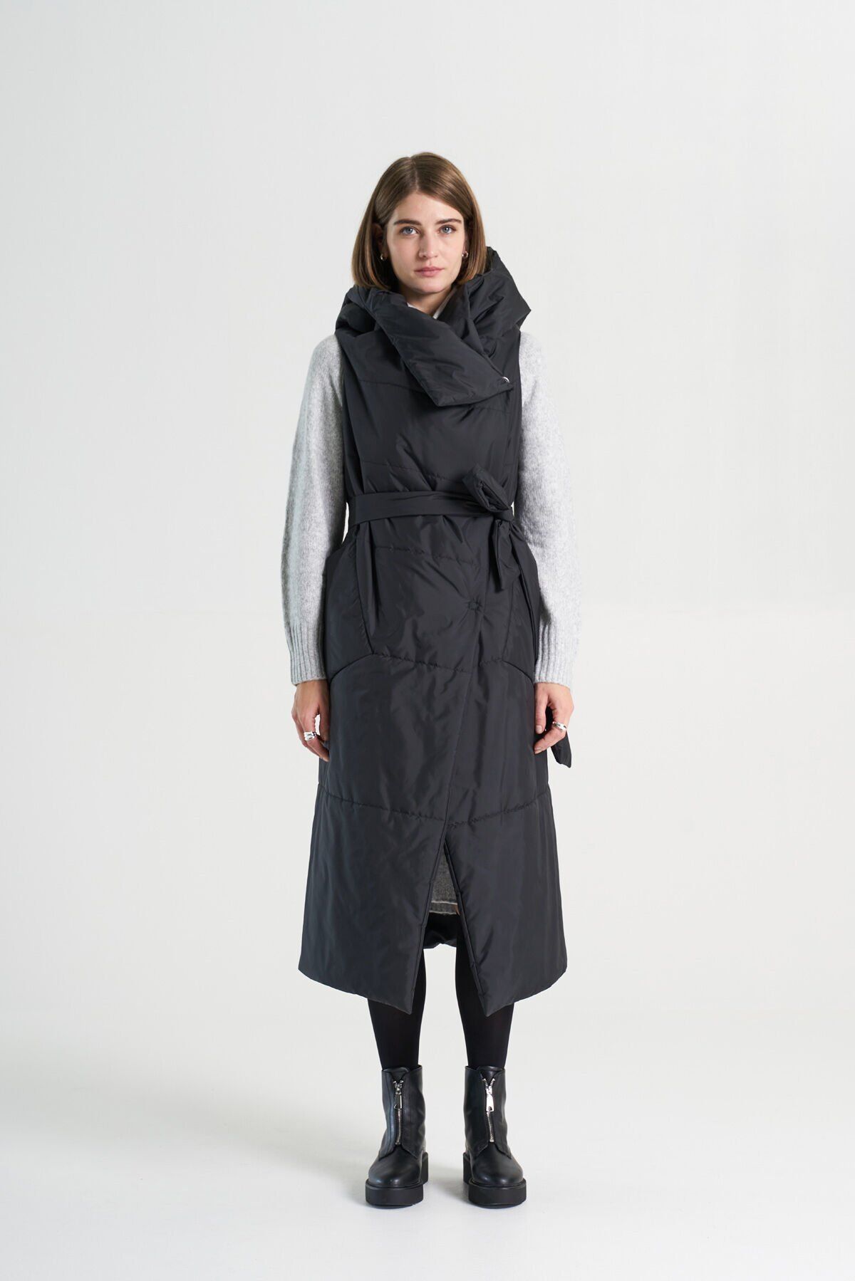 BiBi 2030 Kuşaklı Siyah Uzun Mont Yelek