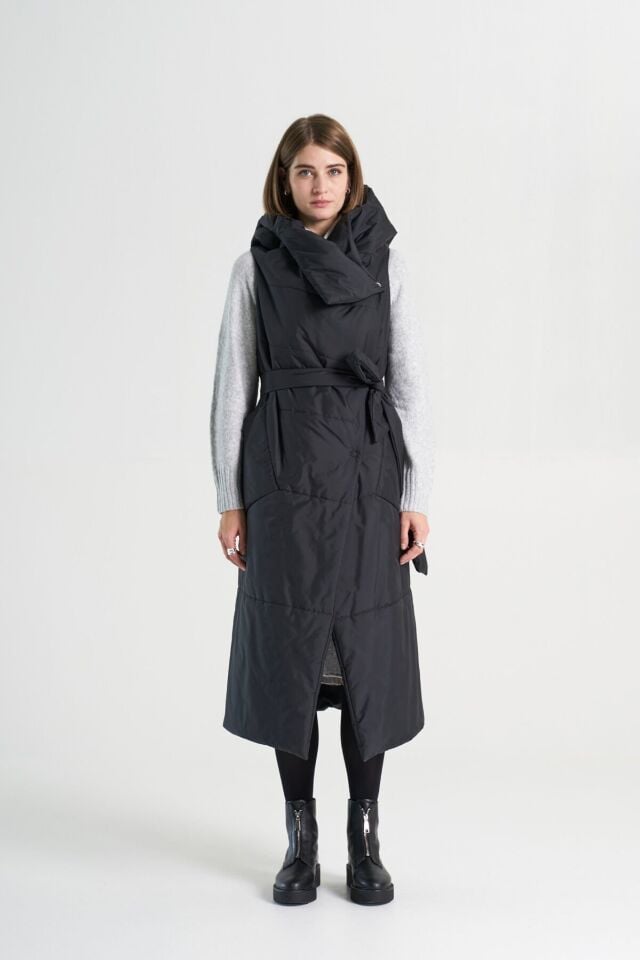 BiBi 2030 Kuşaklı Siyah Uzun Mont Yelek