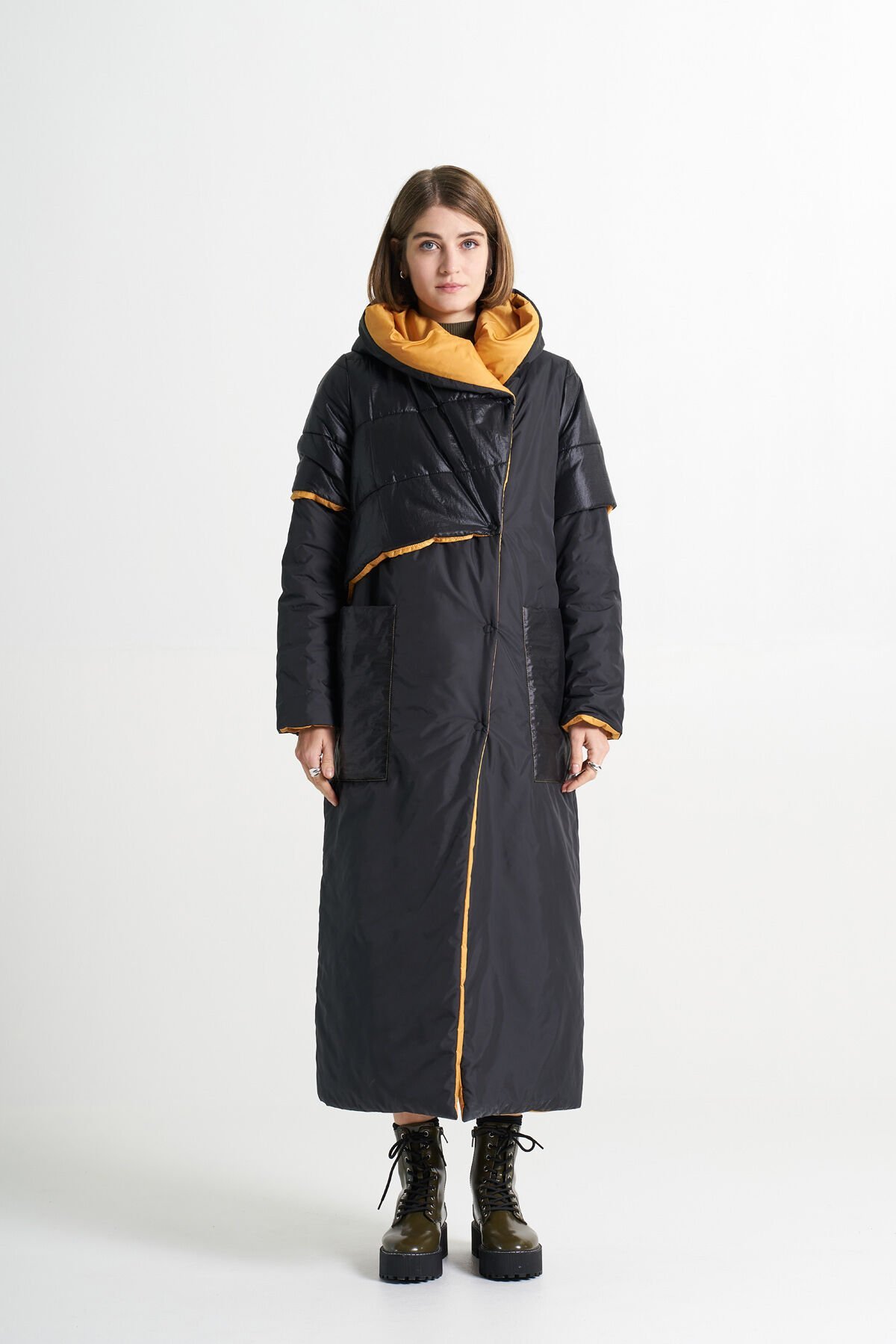 BiBi 2352 Farklı Tasarım İçi Sarı Siyah Kadın Mont